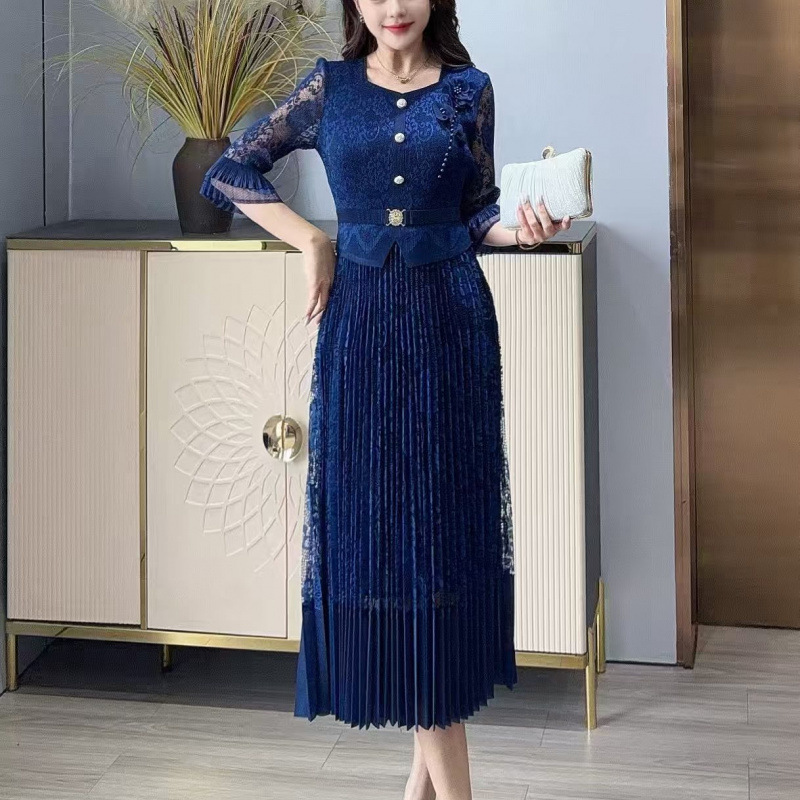 2026 Spring New Dress Fashion Pleated Lace Patchwork Slim Fit Dress Mid-Length Pleated Skirt