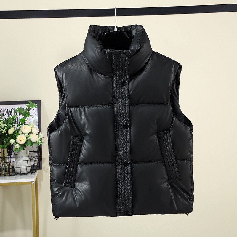 2026 New Style Pu down Cotton Vest Korean Version Loose Fit Short Slimming Stand Collar Vest Jacket for Autumn and Winter