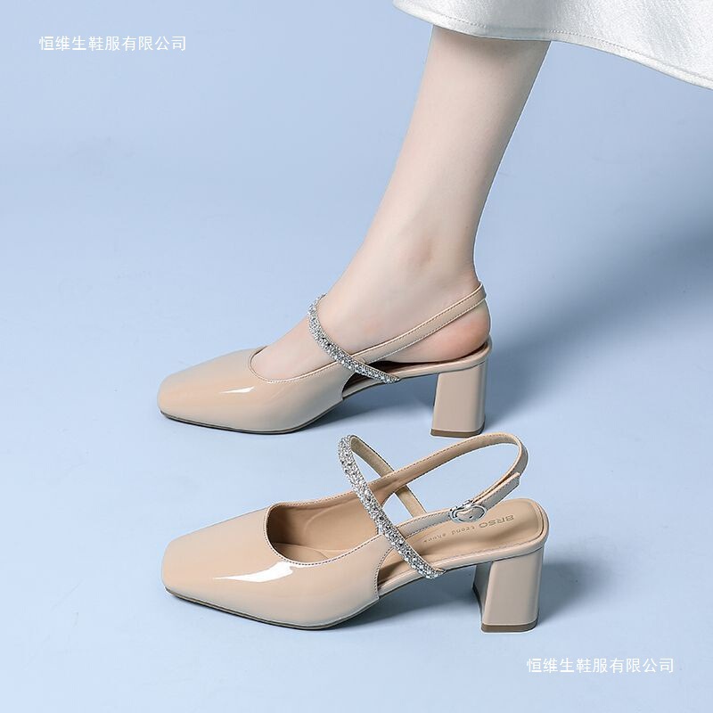 Square-toed rhinestone sandals, slimming backless shoes for women, 2026 spring and autumn new style, chunky heel, non-slip high-heeled fashion work shoes