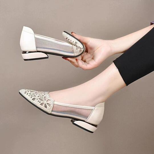 Mesh women's shoes hollow-out sandals women's summer new mesh breathable chunky heel single-layer shoes women's mid-heel middle-aged mom shoes