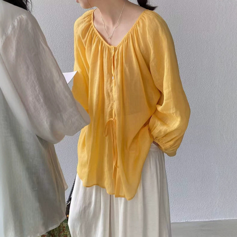 Korean-Style Ramie Lantern Sleeve Round Neck Shirt for Women, 2026 Summer New Design, Simple and Loose Fit, Reversible Top