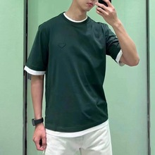 撞色假两件套胸前三角形布标男士圆领短袖T恤上衣夏装men tshirt