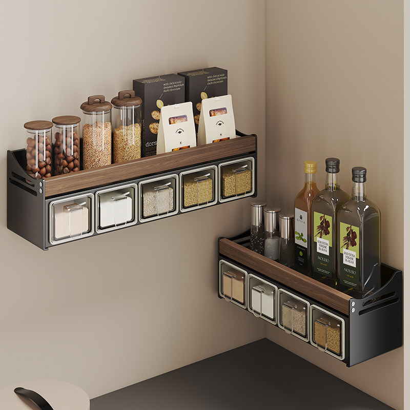 Walnut punch-free kitchen multifunctional storage rack wall-mounted wall spice rack spice jar storage rack