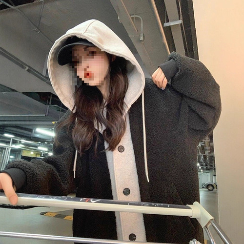 Women's Long Winter Hooded Coat with Lamb Wool, Versatile Loose Fleece Sweatshirt, Korean Style Chic Trendy Outerwear