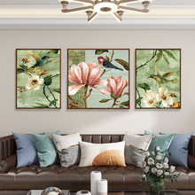 美式沙发背景墙装饰画客厅挂画花卉壁画复古油画欧式三联画肌理画