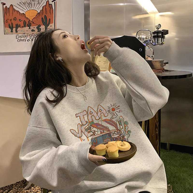 美式慵懒chic无帽卫衣女春秋薄款oversize宽松外套小个子圆领上衣|undefined