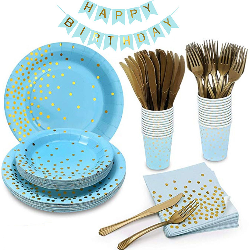 Blue Polka Dot Set with Gold Stamping, Disposable Birthday Tableware, Dessert Plates, Paper Cups, Paper Napkins, Party Cake Blue Polka Dot Set with Gold Stamping, Disposable Birthday Tableware, Dessert Plates, Paper Cups, Paper Napkins, Party Cake