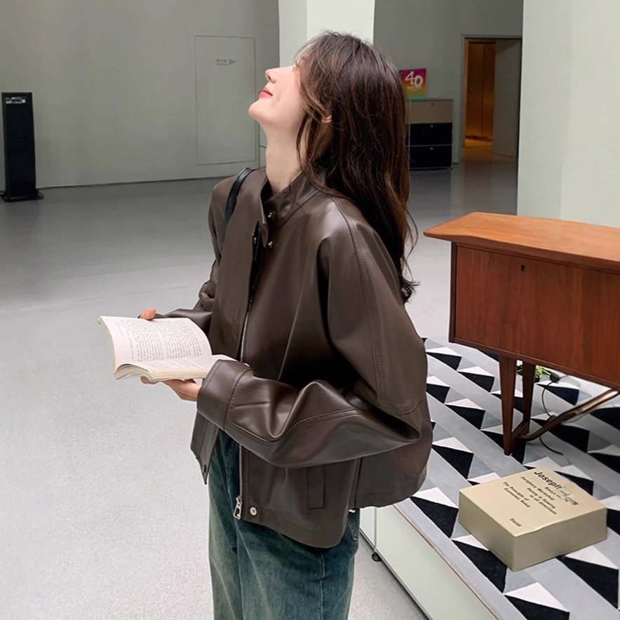 美拉德咖色小皮衣外套女2025秋季新款高级感炸街小个子机车服夹克