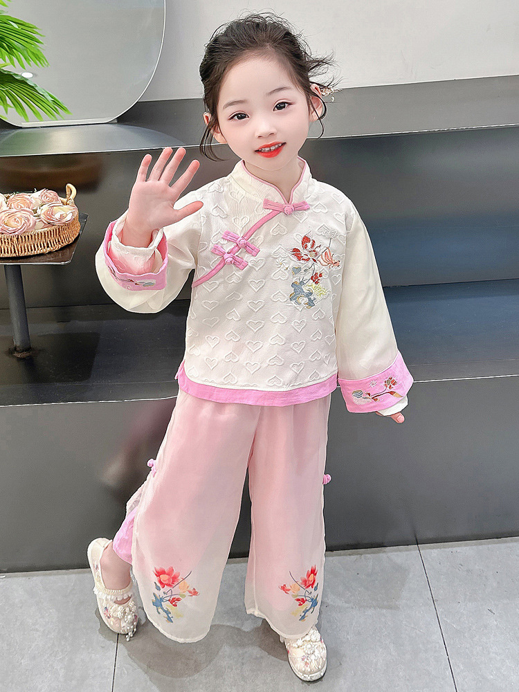 (2개) 소녀 골동품 한푸 세트 어린이 패션 중국 스타일 청삼 탕 세트  소녀 달콤한 서양 스타일 2024 봄 세트