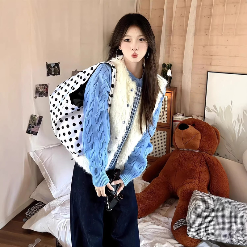 Autumn and Winter Korean Style Fashionable and Gentle White Furry Vest Cardigan for Women Layered with Blue Cable Knit Sweater Two-Piece Set