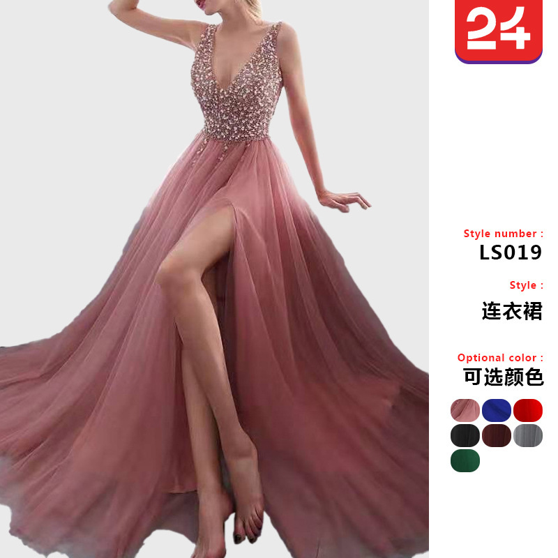 2025 New Cross-Border European and American Fashion Wish Dress Deep V Sleeveless Slit Sequined Elegant Banquet Evening Dress