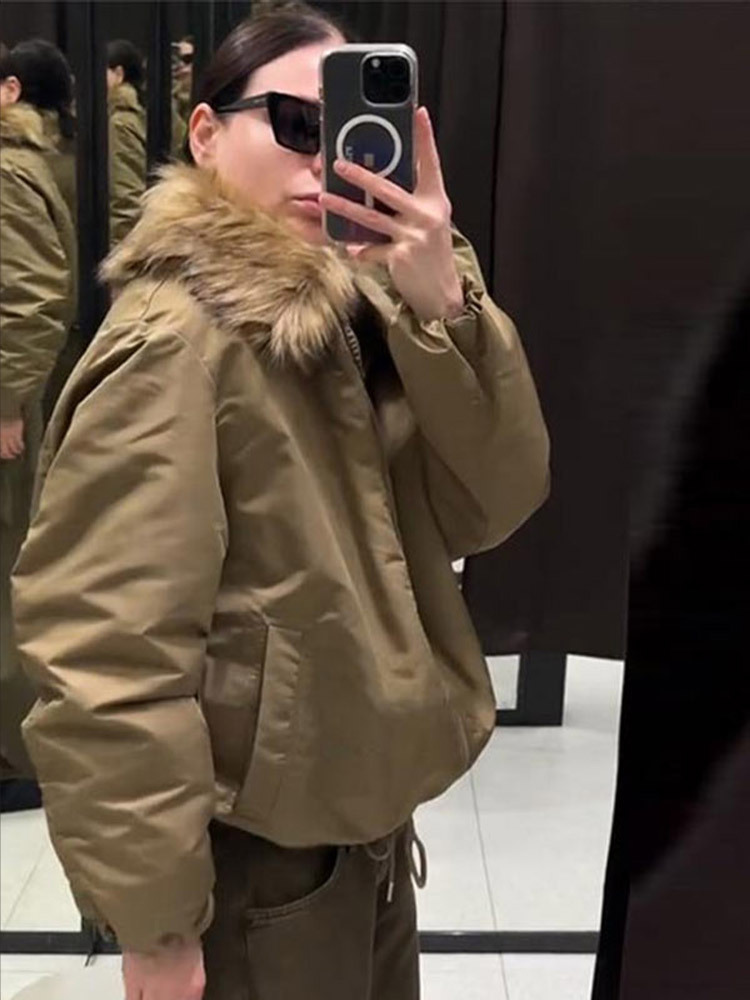 Chaqueta con Cremallera y Cuello de Peluche de Poliéster Holgada