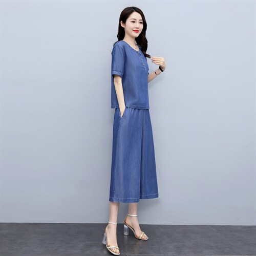 Denim Tencel Wide-Leg Pants Suit Summer Large Size Belly-Covering Slimming Look Mom Casual Loose Style Thin Style Hz0182