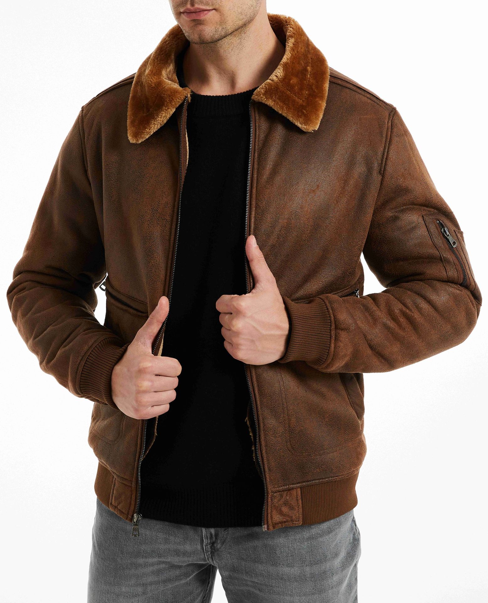 Men's Fur Lined Winter Jacket With Multi Pockets And Lapel Collar_voghion.com