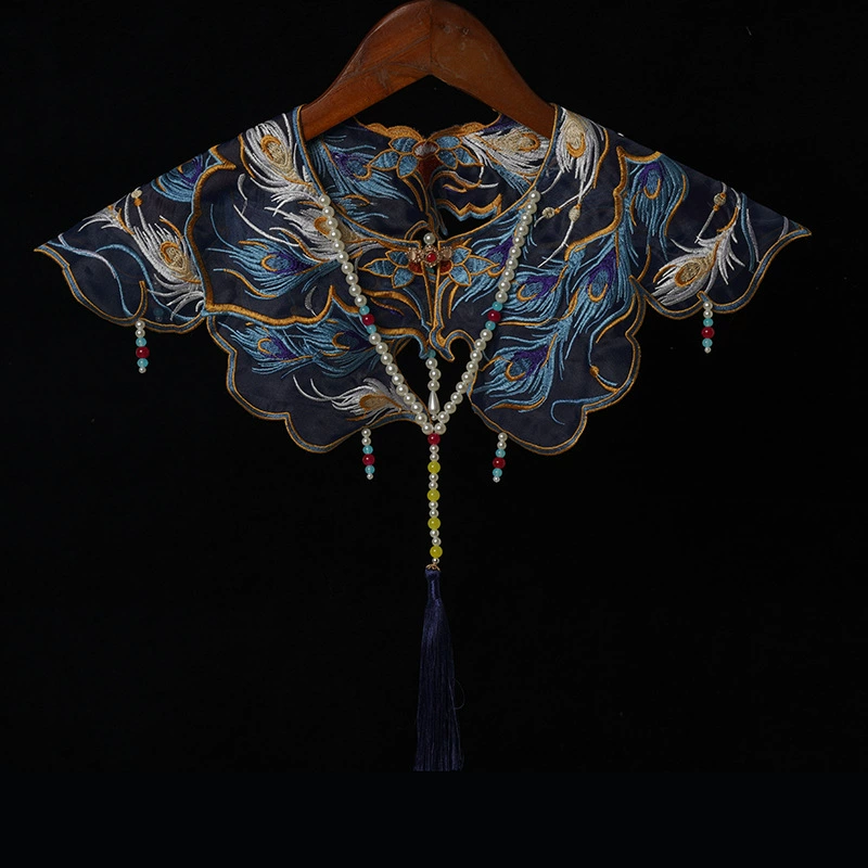 Накидка Hanfu с облачным принтом для студентов, новая юбка-мамиан в китайском стиле, шаль Hanfu с вышитым искусственным воротником, синего цвета с перьями павлина.