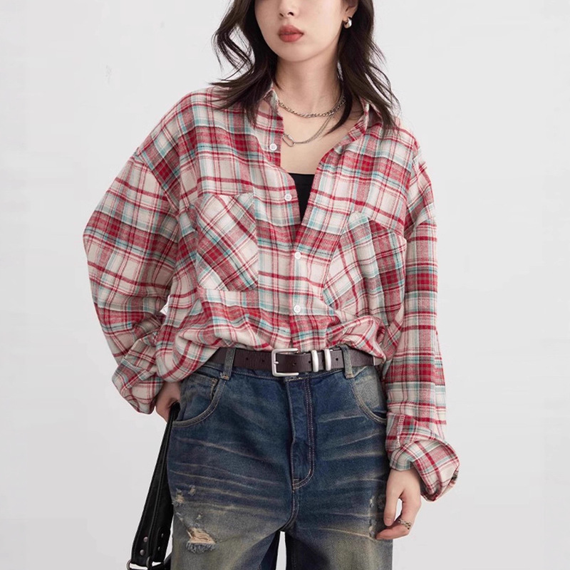 Chicvem Autum New American Retro Lapel Color-Blocked Plaid Shirt Large-Profile Loose Cotton Shirt for Women