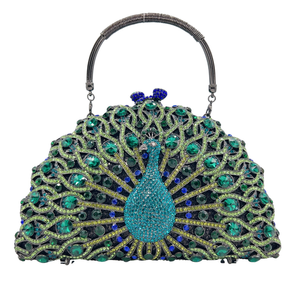 Túi clutch nữ đính đá hình con công rỗng dạ hội — Đen xanh lục, Xanh vàng, Nền vàng kim cương trắng, Vàng hồng