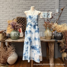 文艺复古扎染蓝染花朵挂脖吊带裙连衣裙批发长裙文创旅拍