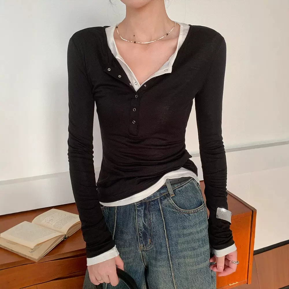 秋冬新款美式复古亨利衫假两件长袖T恤女柔软触感Row风修身打底衫