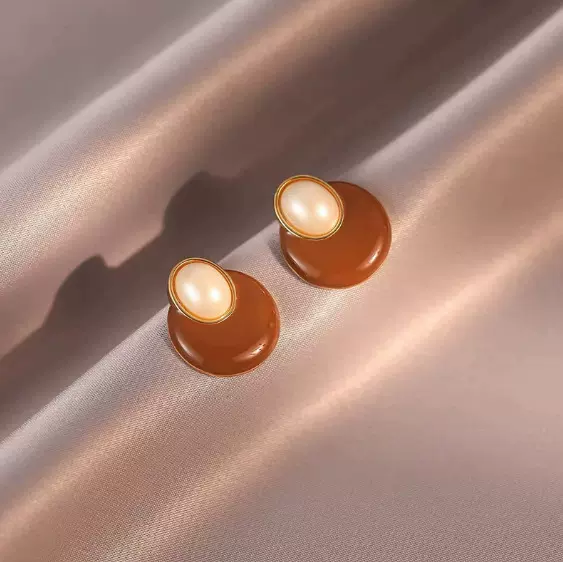 赫本风珐琅彩安哥拉红色圆形珍珠耳钉 复古vintage网红爆款直播货