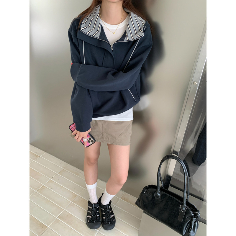 半拉链分割设计感连帽卫衣女2025秋季新款时尚百搭设计感上衣韩版|undefined