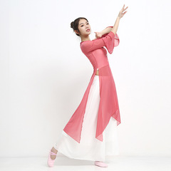 New classical dance attire, pure color top with flowing fabric, Chinese dance trumpet sleeves, practice suit set with ethereal pants