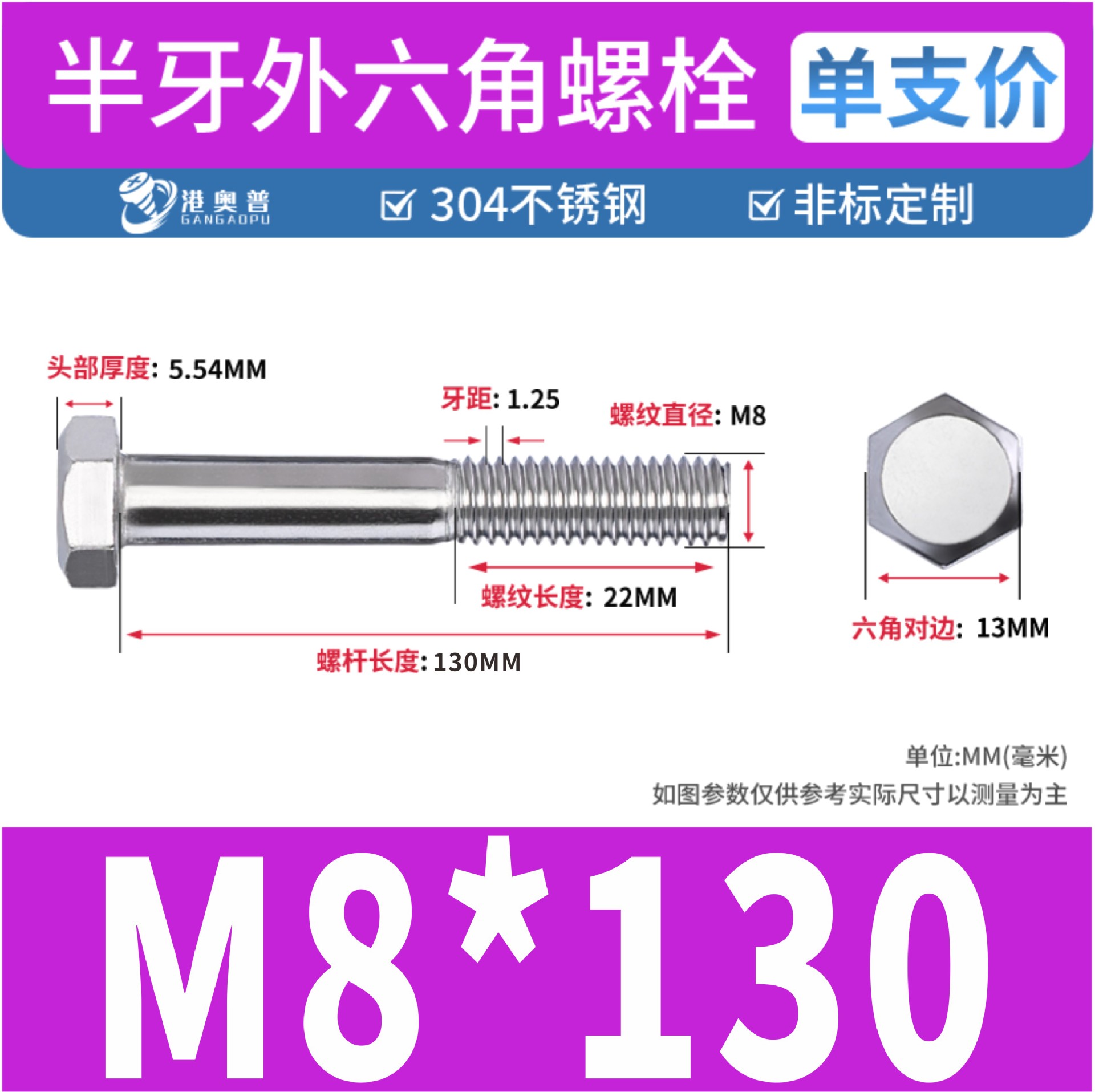 Tornillos hexagonales de media rosca, acero inoxidable 304