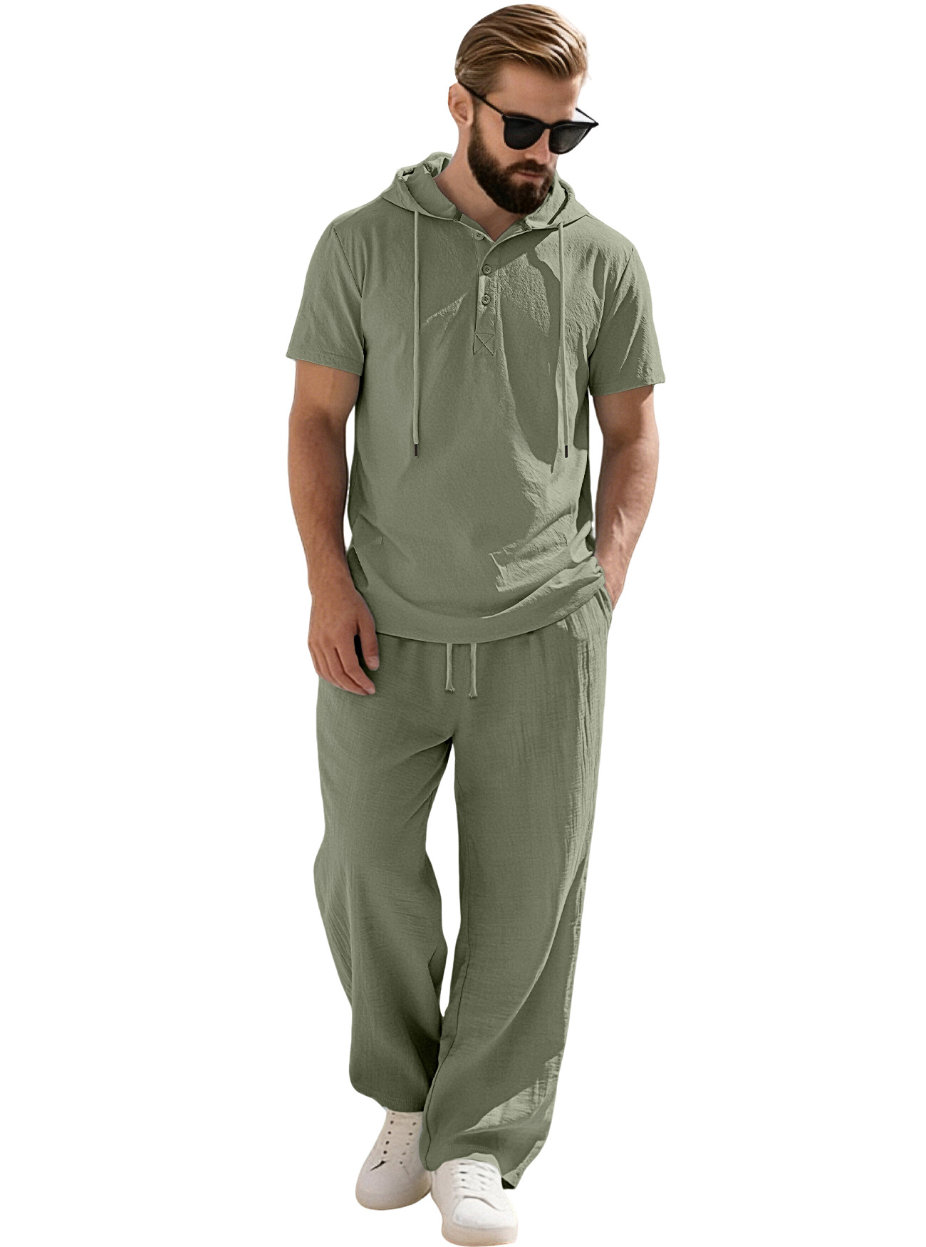 Transfronterizos Europa y América Amazon hombre nuevo encapuchado abrazado camisa de algodón y lino de manga corta casual pantalones largos de manga corta set hombre