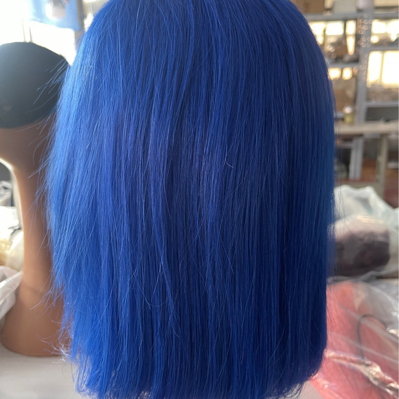 Real Human Hair Short Straight Wig Blue Bobo Bob 13X4 Front Lace Human Hair Wig
