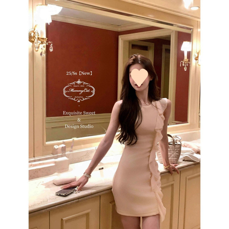 Merlena Pure Desire 不規則な夏の新しいスタイルのフリル優しいプリーツノースリーブベストヒップカバードレススカート|undefined