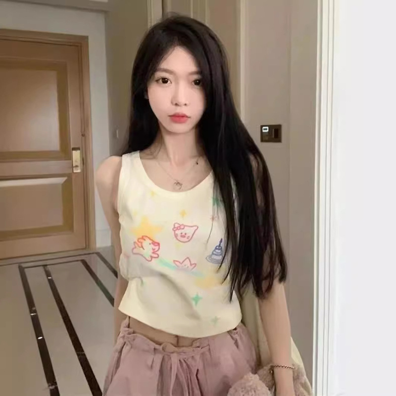 Cute and Sweet Graffiti College Base Small Camisole Women's Spice Girls Slim-fit Slimming Inner and Outer Wear Short Top