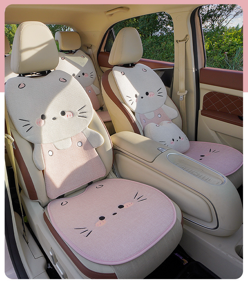 Internet Celebrity Car Seat Cushion for All Seasons, Linen Breathable Car Rear Seat Cushion, Cute Cat Cartoon Seat Cover for Women