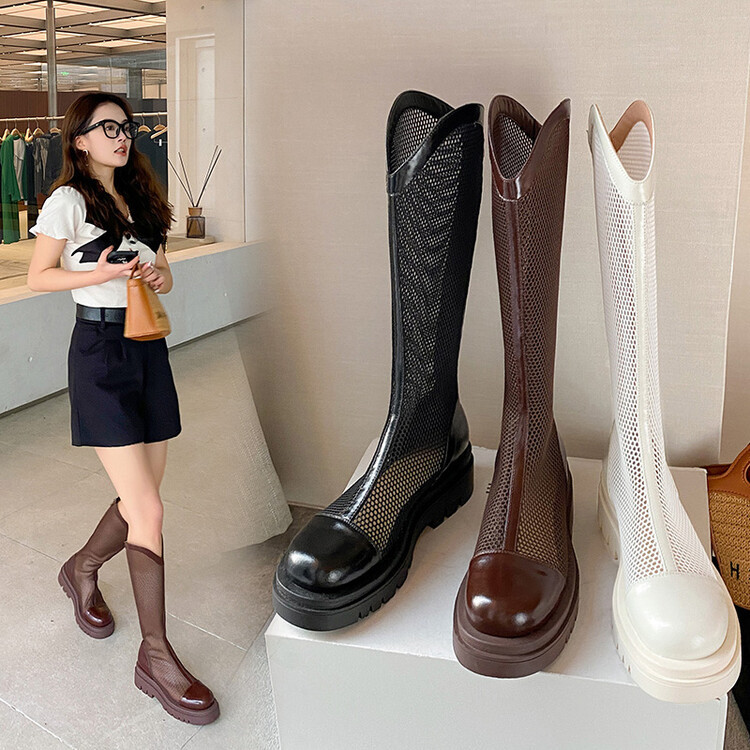 Boot nữ da lưới thoáng khí mùa hè, đế dày rỗng, ống rộng cho chân to — Màu nâu ống lớn, Màu đen cổ ống lớn, Ống nhỏ màu đen, Ống nhỏ màu be