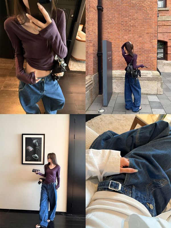 superniniyy 设计感复古蓝丹宁重工宽松显瘦拖地休闲阔腿牛仔裤女|undefined