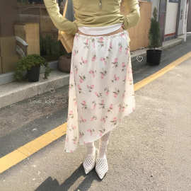 韩系chic夏季新款温柔风印花系带收腰显瘦不规则斜边半身裙中裙女