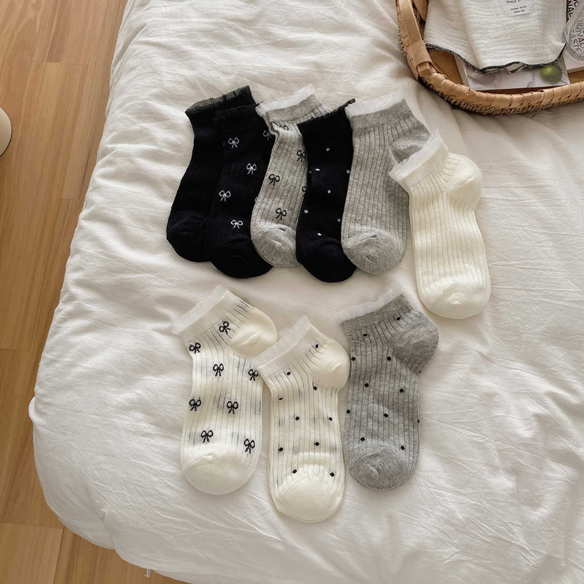 Ballet Style Bow Polo Lace Side Socks Women's Ins Summer Thin Miu Boat Socks Women's Socks Low-Cut Socks