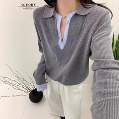 假两件撞色拼接条纹针织衫女大码春秋新款设计感宽松领长袖上衣