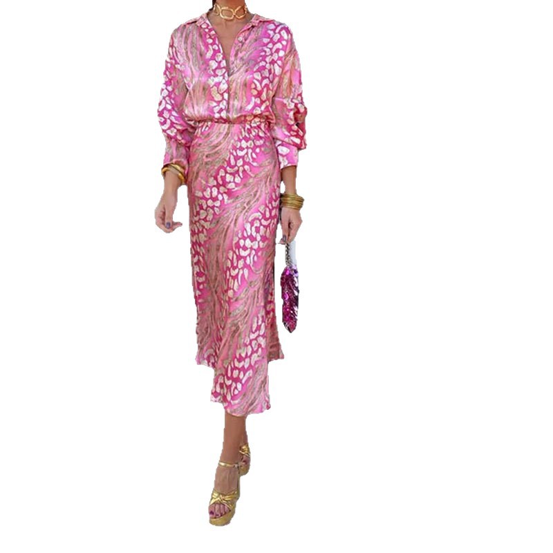 Women's Clothing Spring Women's Fashionable Elegant Commuter Skirt Set Style High Waisted Printed Collared Top_ecoleips.com