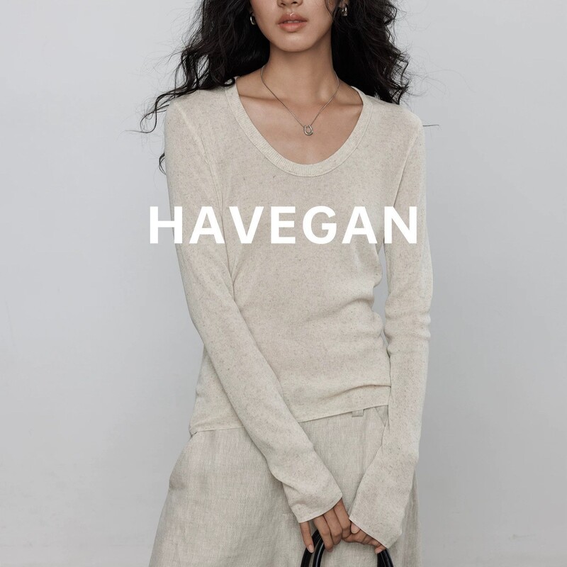 Havegan/Autumn Tencel Linen Long Sleeve Knitted Bottoming Shirt Women's Round Neck Stretch Slim Fit Inner Top