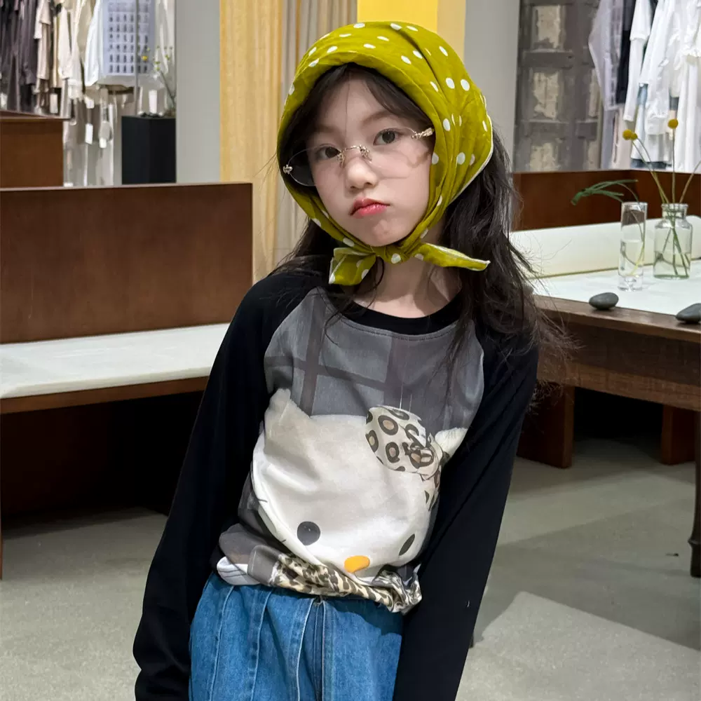 花与寻童装女童T恤2025秋季新款卡通KT猫长袖儿童甜美上衣潮