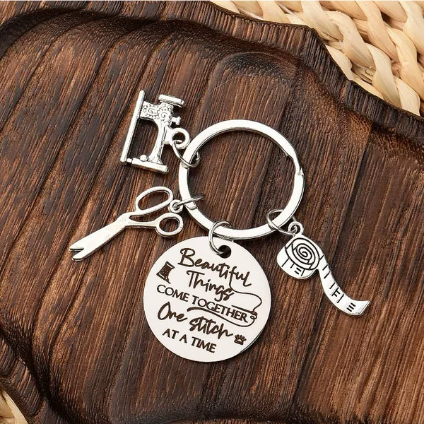 Stainless Steel Laser Engraving Sewing Machine Keychain Metal Leather Ruler Scissors Gift Keychain Creative