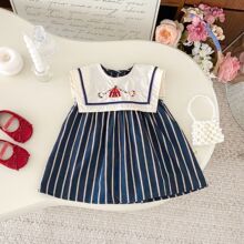女童连衣裙夏装新款复古儿童气质刺绣条纹无袖公主裙小女孩背心裙