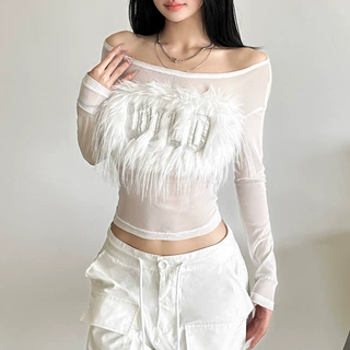跨境欧美风2024冬季新款女装T恤性感野性羽毛字母刺绣装饰长袖背