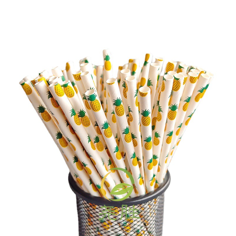Desechables biodegradables paja de papel Kraft color fruta patrón jugo bebida postre tabla papel decorativo paja
