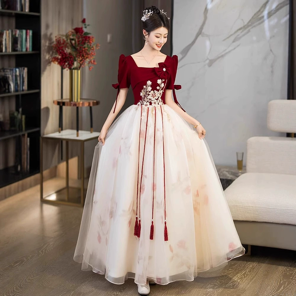 Платье для невесты плюс сайз 2025 весна-лето новое свадебное платье для вечеринки благодарности красное бархатное с длинным рукавом для женщин