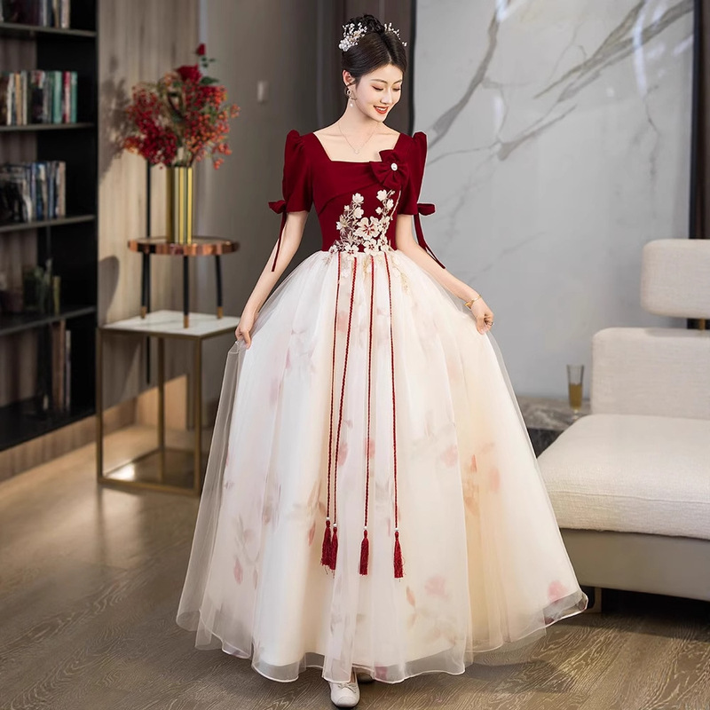 Plus-Size Toast Dress for Bride 2026 Spring/Summer New Style Wedding Thank-You Banquet Red Velvet Long-Sleeve Engagement Dress for Women Plus-Size Toast Dress for Bride 2026 Spring/Summer New Style Wedding Thank-You Banquet Red Velvet Long-Sleeve Engagement Dress for Women