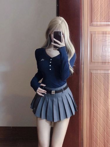 [260g rayon modal] Retro embroidered button long-sleeved T-shirt for women sweet hottie slim-fitting top American style