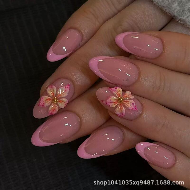 Cross-Border Hot-Selling Simple French-Style Three-Dimensional Pink Flower Wearable Nail Art Set of 24 Pieces Wearable Nail Stickers Cross-Border Hot-Selling Simple French-Style Three-Dimensional Pink Flower Wearable Nail Art Set of 24 Pieces Wearable Nail Stickers