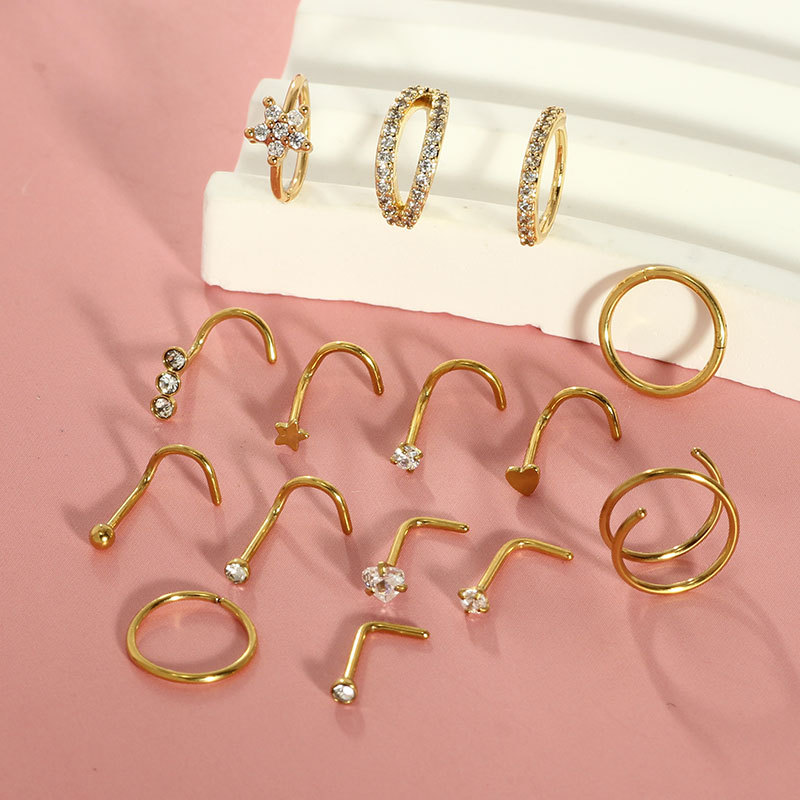 Nieuwe 15-delige set roestvrijstalen, grensoverschrijdende, populaire neuspiercings met open geometrische vormen en ingelegde zirkonia, inclusief koperen piercing._voghion.com