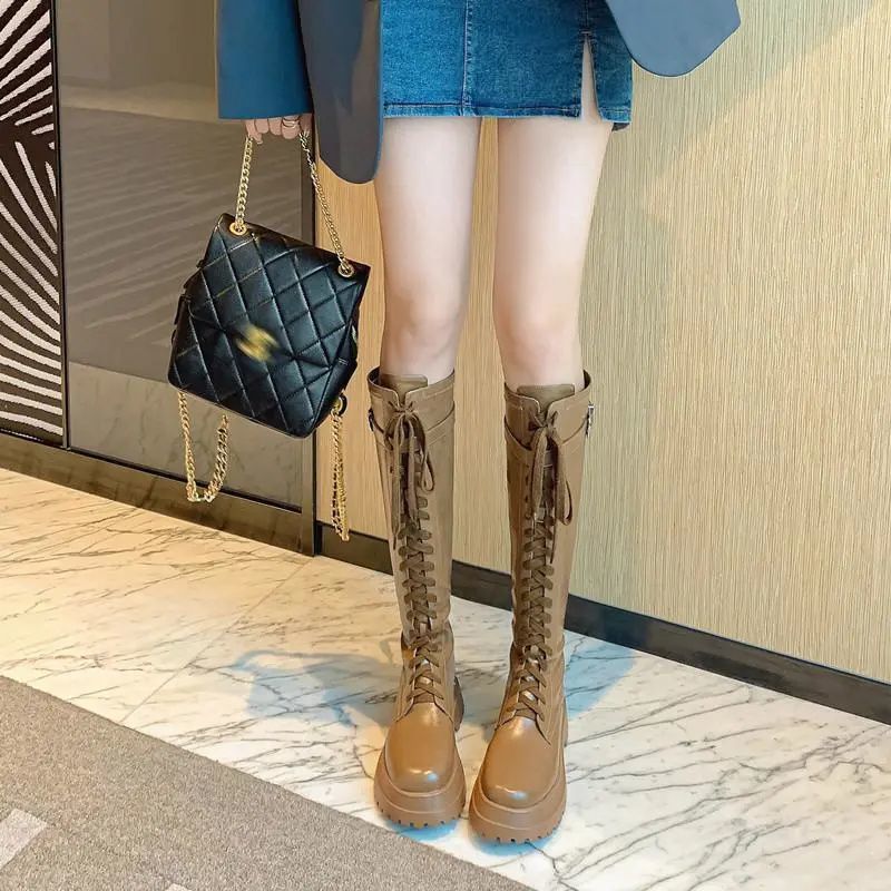 Autumn high boots platform with shoelaces heels made of soft leather